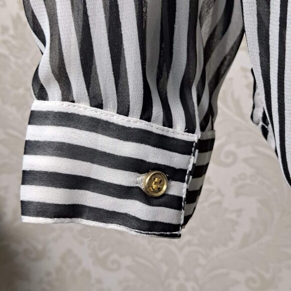 Charming Charlie Size Large Black White Stripe Sheer Button Down Shirt Long Slv - Picture 8 of 12
